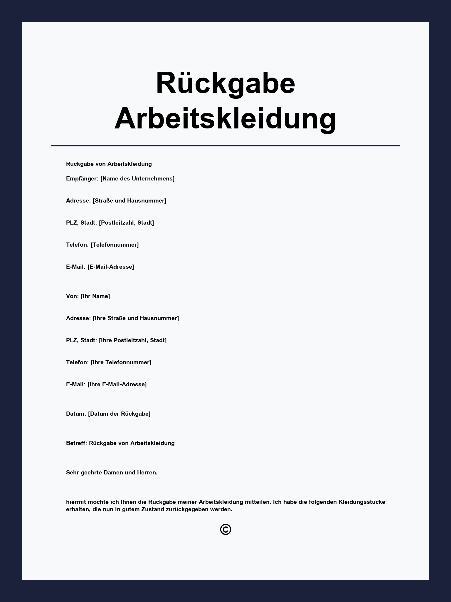Rückgabe Arbeitskleidung Vorlage