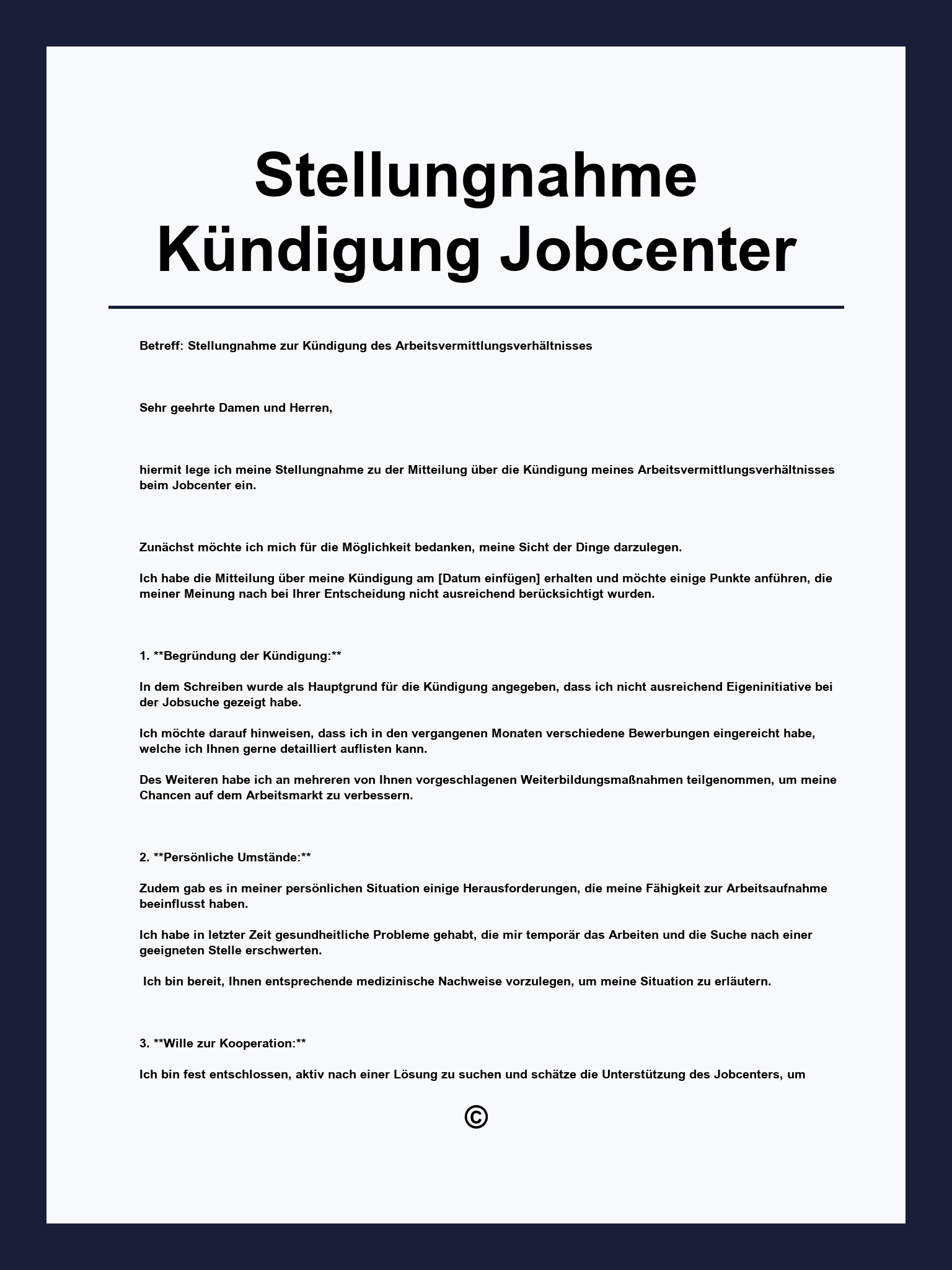 Stellungnahme Kündigung Jobcenter